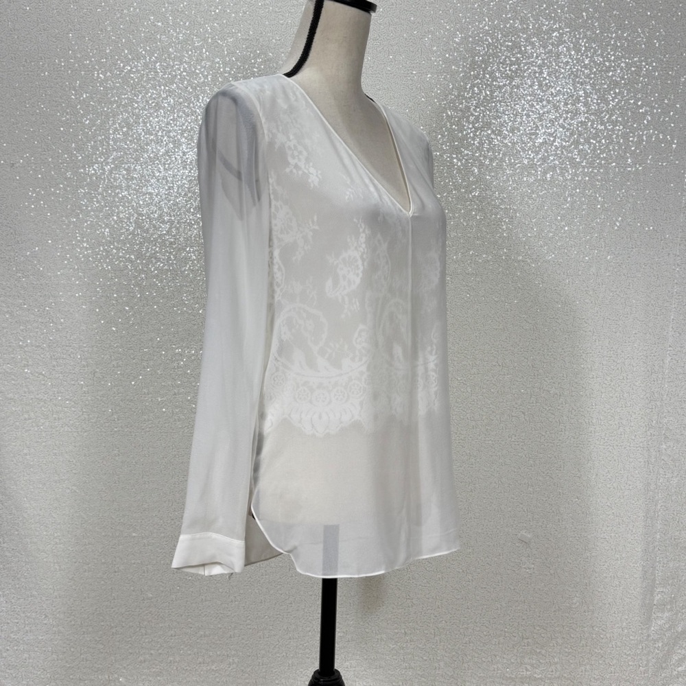 Robert Rodriguez 100% Silk Lace Detail Sheer Tunic Romantic Blouse White V-Neck - Picture 7 of 12